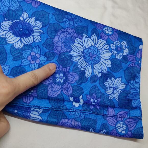 Vtg 60s 70s Blue Boho Mod Floral Housecoat L/XL Cottagecore Dress Velvet Buttons - Picture 9 of 9